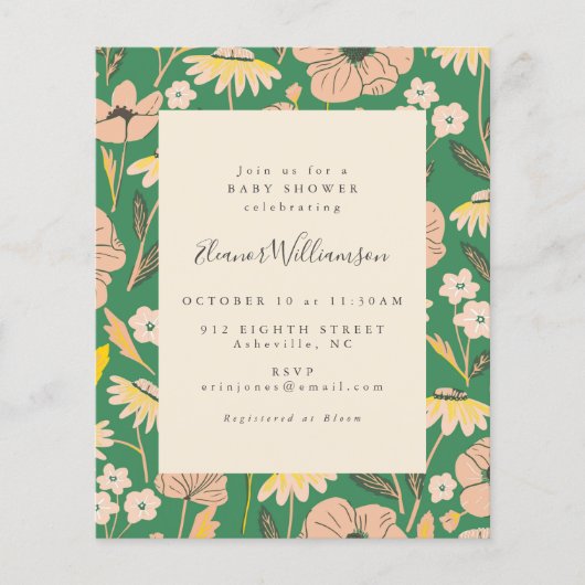 Papier Budget Printemps vert Baby shower floral Invitatio (Devant)
