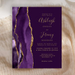 Papier Budget Profond Purple Agate Or Faire-part de maria<br><div class="desc">Le bord gauche de cette élégante faire-part de mariage moderne est orné d'une bordure d'aquarelle violette ornée d'une parties scintillant en faux or. Le texte personnalisable combine écriture manuscrite couleur or,  copperplate et polices italiques sur un arrière - plan violet profond. L'envers est assorti d'une agate violette et dorée.</div>