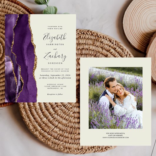 Papier Budget Purple Agate Photo Ivory Wedding Invitation