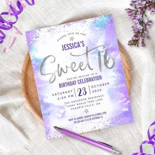 Papier Budget Purple Aquarelle Douce 16 Invitation Argent