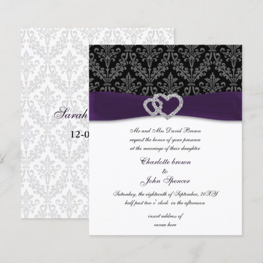 Papier Budget Purple Damask Diamante Faire-part de mariag (Devant / Derrière)
