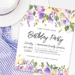 Papier Budget Purple Floral 30e anniversaire Invitation<br><div class="desc">Faites honneur à une femme spéciale avec cette invitation de fête d'anniversaire élégante et féminine. Les détails de la fête d'anniversaire sont entourés de bordures florales pourpres du haut et du bas. Les éléments floraux sont nichés dans des feuilles verts. Bien qu'il s'agisse d'un design traditionnel, le feuillage botanique ouvert...</div>