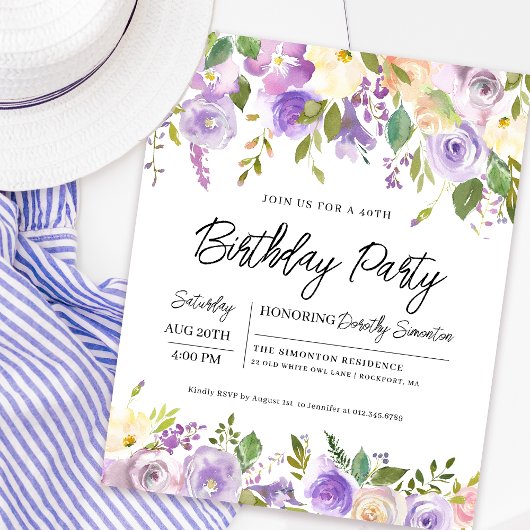 Papier Budget Purple Floral 40e Invitation anniversaire