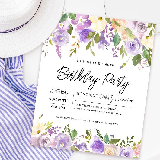 Papier Budget Purple Floral 60e anniversaire Invitation