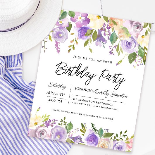 Papier Budget Purple Floral 80e anniversaire Invitation