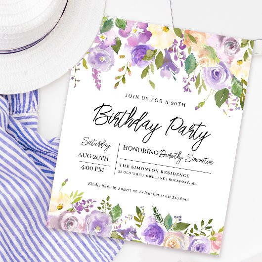 Papier Budget Purple Floral 90e Invitation anniversaire