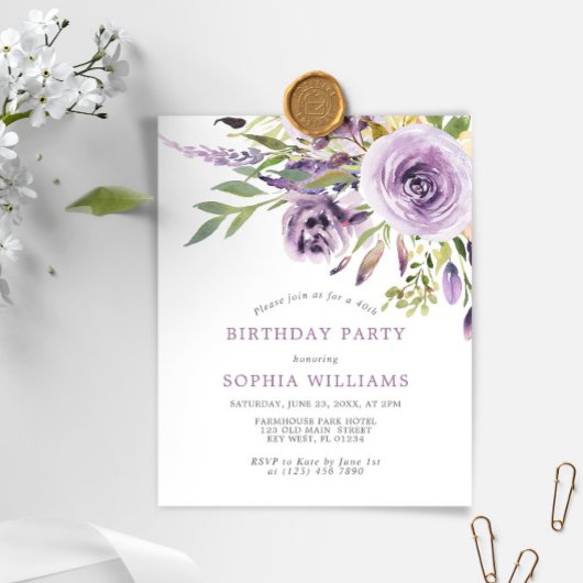 Papier Budget Purple Floral Anniversaire Fête Invitation