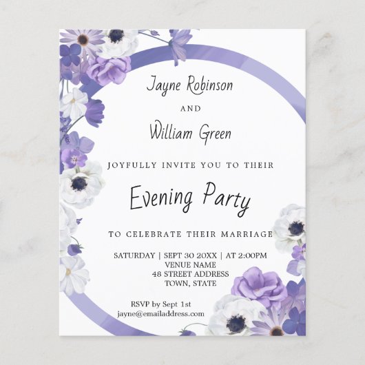 Papier Budget Purple Floral Mariage Invitation de soirée (Devant)
