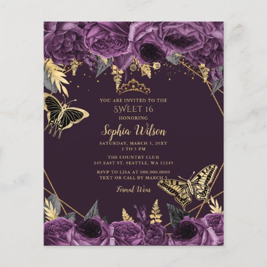 Papier Budget Purple Floral Papillon doux 16 Invitation (Devant)