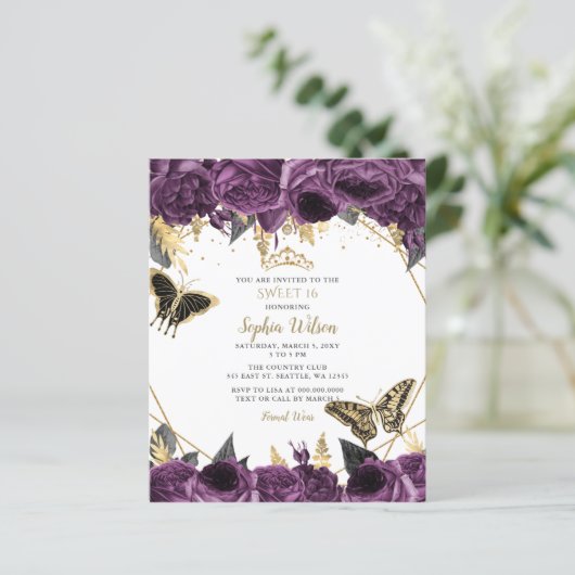 Papier Budget Purple Floral Papillon doux 16 Invitation (Debout devant)