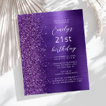 Papier Budget Purple Glam Parties scintillant 21e anniver<br><div class="desc">Le bord gauche de cette invitation de fête d'anniversaire moderne est orné d'une bordure en faux parties scintillant violet. Le texte personnalisable combine un script blanc et des polices sans serif sur un arrière - plan en métal violet faux brossé. L'envers présente un design correspondant.</div>