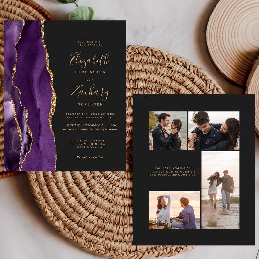 Papier Budget Purple Gold Agate 4-Photo Mariage Invitatio