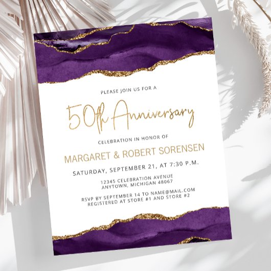 Papier Budget Purple Gold Agate 50th Anniversary Invite