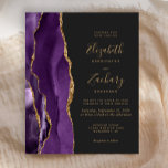 Papier Budget Purple Gold Agate Dark Faire-part de mariag<br><div class="desc">Le bord gauche de cette élégante faire-part de mariage moderne est orné d'une bordure d'aquarelle violette ornée d'une parties scintillant en faux or. Le texte personnalisable combine écriture manuscrite couleur or, cuivre et polices italiques sur un arrière - plan gris fusain foncé. L'envers est assorti d'une agate violette et dorée....</div>