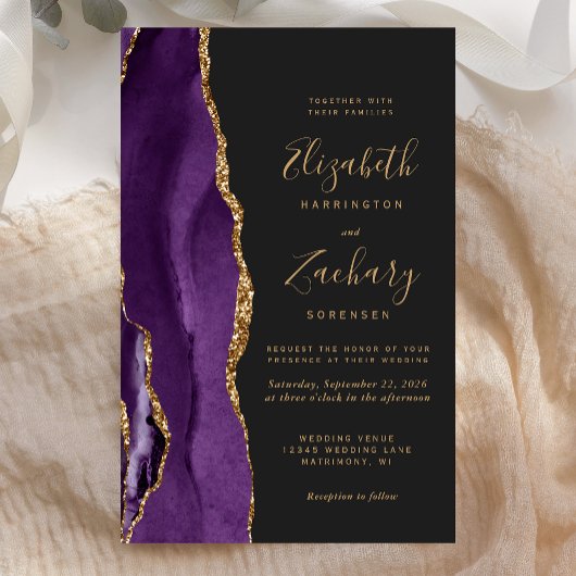 Papier Budget Purple Gold Agate Dark Faire-part de mariag