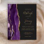 Papier Budget Purple Gold Agate Dark Faire-part de mariag<br><div class="desc">Le bord gauche de cette élégante faire-part de mariage moderne est orné d'une bordure d'aquarelle violette ornée d'une parties scintillant en faux or. Le texte personnalisable combine écriture manuscrite couleur or, cuivre et polices italiques sur un arrière - plan gris fusain foncé. L'envers est assorti d'une agate violette et dorée....</div>