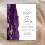 Papier Budget Purple Gold Agate Moderne Faire-part de mar<br><div class="desc">Le bord gauche de cette élégante faire-part de mariage moderne est orné d'une bordure d'aquarelle violette ornée d'une parties scintillant en faux or. Le texte personnalisable combine écriture manuscrite,  copperplate et polices italiques en gris fusain sur un arrière - plan blanc. L'envers est assorti d'une agate violette et dorée.</div>