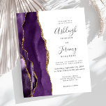 Papier Budget Purple Gold Agate Moderne Faire-part de mar<br><div class="desc">Le bord gauche de cette élégante faire-part de mariage moderne est orné d'une bordure d'aquarelle violette ornée d'une parties scintillant en faux or. Le texte personnalisable combine écriture manuscrite,  copperplate et polices italiques en gris fusain sur un arrière - plan blanc. L'envers est assorti d'une agate violette et dorée.</div>