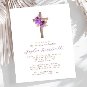 Papier Budget Purple Gold Floral Cross Baptism Invitation