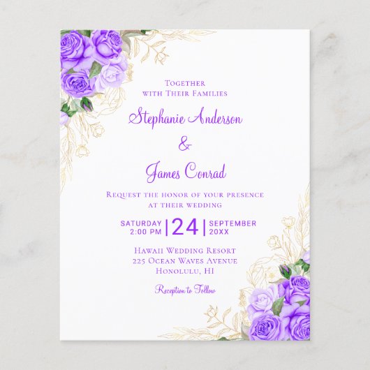 Papier Budget Purple Gold Floral Faire-part de mariage (Devant)