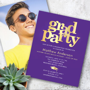 Papier Budget Purple Gold Photo Grad Party Minimal Invita