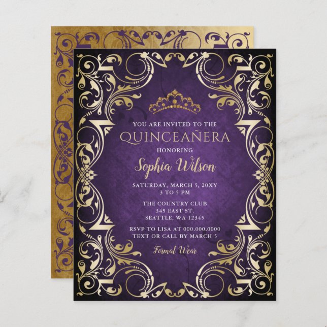 Papier Budget Purple Gold Tiara Quinceañera Invitation (Devant / Derrière)