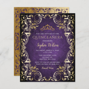 Papier Budget Purple Gold Tiara Quinceañera Invitation