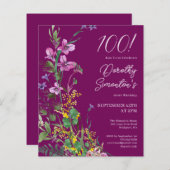 Papier BUDGET Purple Jaune Floral 100e anniversaire Invit (Devant / Derrière)