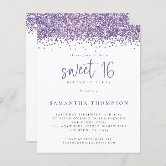 Papier Budget Purple Parties scintillant Sweet 16 Invitat (Devant / Derrière)