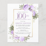 Papier Budget Purple Rose 100e anniversaire Surprise Part<br><div class="desc">Faites honneur à une femme spéciale avec cette invitation élégante et féminine 100e anniversaire. Le 100ème est écrit en gros texte violet. Anniversaire Surprise Party suit. Le nom de l'invité honoré est également en lettres majuscules violettes. Le reste du texte est doucement gris colombe. Les détails de la célébration du...</div>