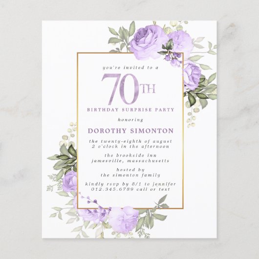 Papier Budget Purple Rose 70e anniversaire Surprise Party (Devant)