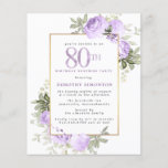 Papier Budget Purple Rose 80e anniversaire Surprise Party<br><div class="desc">Honorer une femme spéciale avec cette invitation élégante et féminine à la fête du 80e anniversaire. La 80ème est écrite en gros texte violet. Anniversaire Surprise Party suit. Le nom de l'invité honoré est également en lettres majuscules violettes. Le reste du texte est doucement gris colombe. Les détails de la...</div>