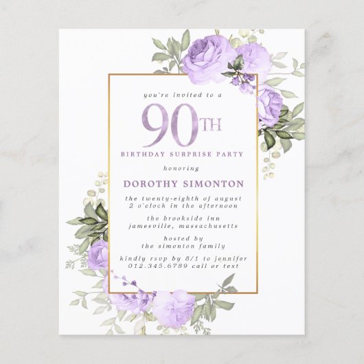 Papier Budget Purple Rose 90e anniversaire Surprise Party (Devant)