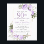 Papier Budget Purple Rose 90e anniversaire Surprise Party<br><div class="desc">Faites honneur à une femme spéciale avec cette invitation élégante et féminine 90e anniversaire. 90ème est écrit en gros texte violet. Anniversaire Surprise Party suit. Le nom de l'invité honoré est également en lettres majuscules violettes. Le reste du texte est doucement gris colombe. Les détails de la célébration du 90ème...</div>