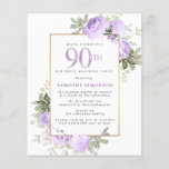 Papier Budget Purple Rose 90e anniversaire Surprise Party<br><div class="desc">Faites honneur à une femme spéciale avec cette invitation élégante et féminine 90e anniversaire. 90ème est écrit en gros texte violet. Anniversaire Surprise Party suit. Le nom de l'invité honoré est également en lettres majuscules violettes. Le reste du texte est doucement gris colombe. Les détails de la célébration du 90ème...</div>