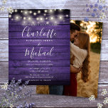 Papier Budget Purple Rustic Lights Photo Mariage Invitati<br><div class="desc">Un élégant faire-part de mariage à budget rustique avec de jolies lampes à cordes,  des noms de style signature et une typographie chic sur un arrière - plan rustique en bois violet et votre photo spéciale au verso. Conçu par Thisisnotme©</div>