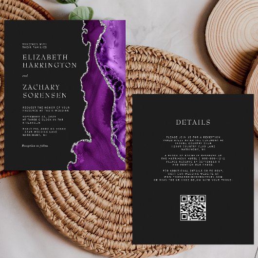 Papier Budget Purple Silver Dark QR Code Mariage Invitati