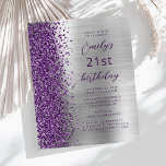 Papier Budget Purple Silver Glam 21e anniversaire Invitat<br><div class="desc">Le bord gauche de cette invitation de fête d'anniversaire moderne est orné d'une bordure en faux parties scintillant violet. Le texte personnalisable combine un script violet et des polices sans serif sur un arrière - plan en métal brossé en argent. L'envers présente un design correspondant.</div>