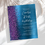 Papier Budget Purple Turquoise Glam 21e anniversaire Invi<br><div class="desc">Le bord gauche de cette invitation de fête d'anniversaire moderne est orné d'une bordure en faux parties scintillant violet. Le texte personnalisable combine un script blanc et des polices sans serif sur un arrière - plan turquoise en métal brossé bleu. L'envers présente un design correspondant.</div>