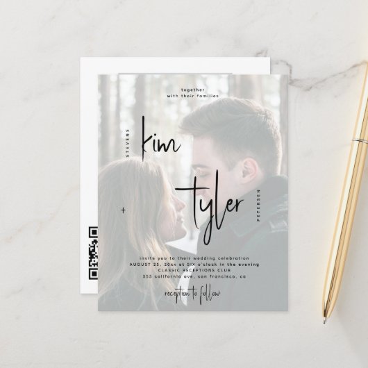 Papier Budget QR CODE 2 photos faire-part de mariage (Devant/Arrière en situation)