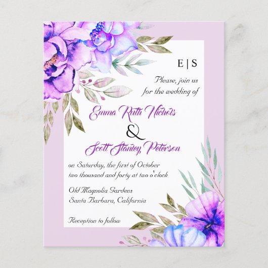 Papier BUDGET QR code fleurs violettes faire-part de mari (Devant)