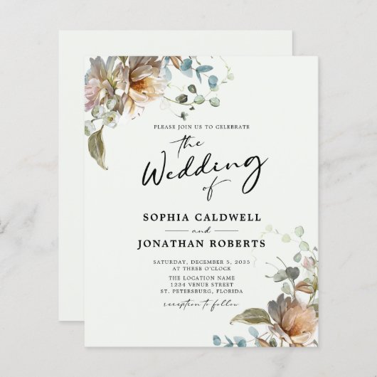 Papier Budget QR Code Floral Calligraphie Mariage Invitat (Devant / Derrière)