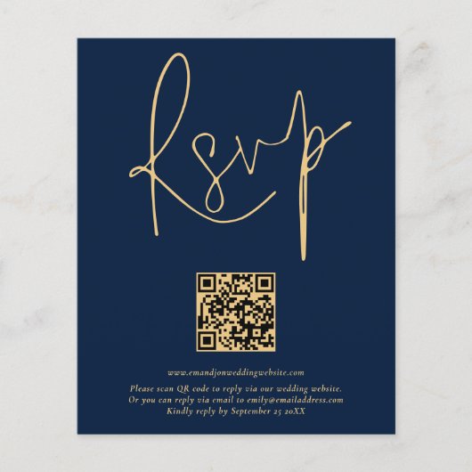 Papier Budget QR Code Gold Marine Bleu Script Mariage RSV (Devant)