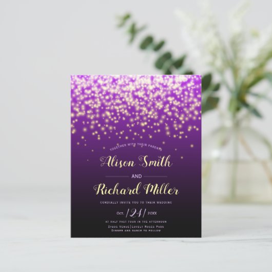 Papier BUDGET QR code Lights violet faire-part de mariage (Debout devant)