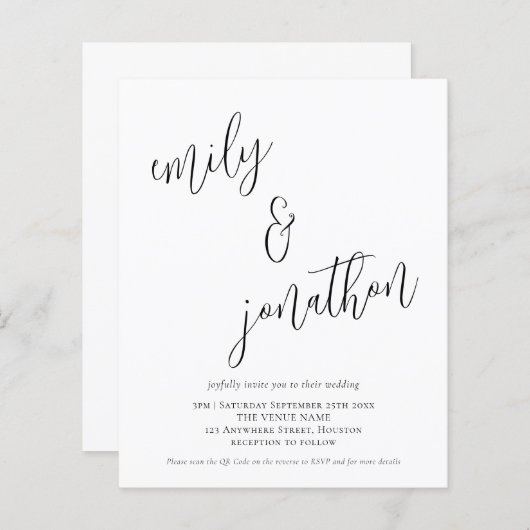 Papier Budget QR Code Moderne Script Mariage Invitation (Devant / Derrière)