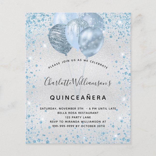 Papier Budget Quinceanera argent bleu parties scintillant (Devant)