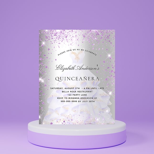 Papier Budget Quinceanera argent robe violette invitation (Créateur téléchargé)