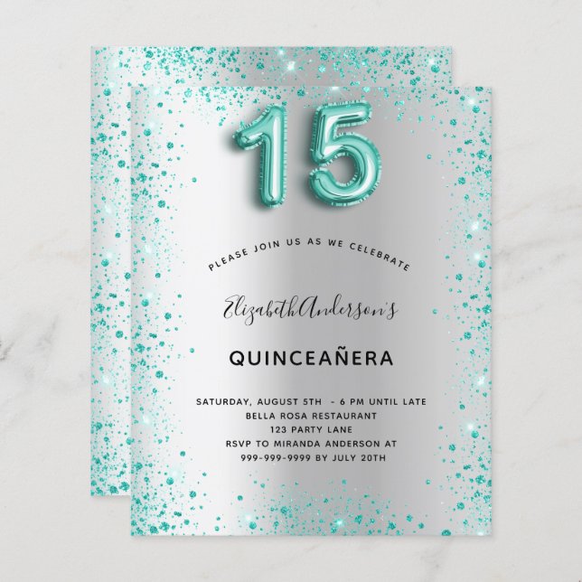 Papier Budget Quinceanera argent turquoise parties scinti (Devant / Derrière)