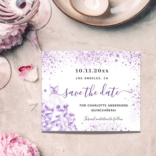 Papier Budget Quinceanera blanc violet enregistrer la dat