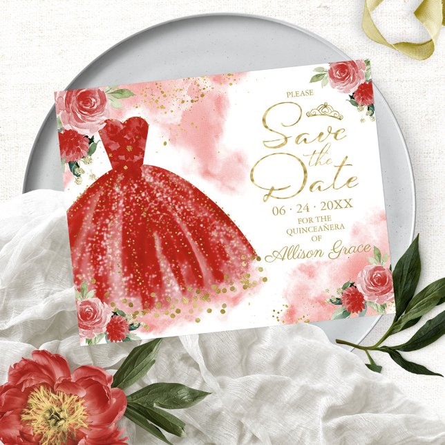 Papier Budget Quinceanera Enregistrer La Date Red Gown (Créateur téléchargé)